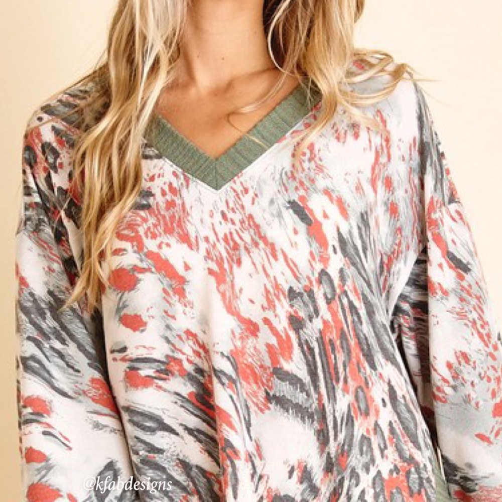 RESTOCK! V Neck Flattering Contrast Detail Olive/Rust  Printed Soft Knit Top! - Picture 7 of 7